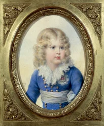 Římský král a princ z Parmy Napoleon II., vévoda z Reichstadtu (1811-1832), syn císaře Napoleona I. (1769-1821) v modrých šatech”” Akvarel John Baptiste Isabey (1767-1855) 1815 Ne. 0,1x0,14 m Malmaison, hradní muzeum