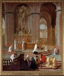 Mše kanovníka de La Porte aneb hlavní oltář Notre-Dame de Paris. Obraz Jeana Jouveneta (1644-1717), 1708-1710. Rozměry: 1,62 x 1,41 m