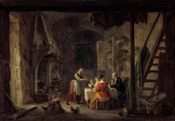 Benediktská scéna jídla v rodině rolníků, modlitba. Obraz Jean Baptiste Lallemant (1710-1803) Bourg en bresse z 18. století, Musee de Brou
