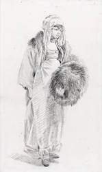 Ruská žena s kožešinovým rukávcem par Le Prince, Jean-Baptiste (1734-1781), Mezi 1758 a 1761 - Černá křída na papíře, 22,9x13,8 - Soukromá sbírka