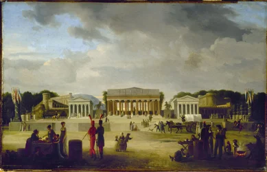 Pohled na velké divadlo na náměstí Svornosti při oslavě míru, 18. brumaire, X. ročník (9. listopadu 1801), v roce 1801 (olej na dřevě)
