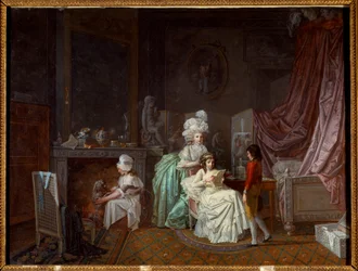 Rodinný účes v soukromí ložnice, matka zahřívá dceru, která si čte. Další si hraje se psem. Obraz Jean Baptiste Mallet (1759-1835) Paříž 18. století, dekorativní umění