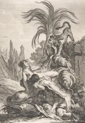 Vyděšená Naiad Rozcuchaná Naiad zděšeně ucukne při pohledu na lva, ca. 1740,