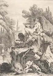 Sedící nymfa Fontána s najádou usazená na lastuře, ca. 1740.