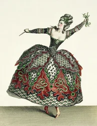 Kostým pro zběsilost v Ifigénii v Tauris a několik dalších oper, vyryl Rene Gaillard (asi 1710-90) asi 1780