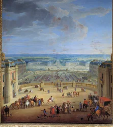 Les Ecuries při pohledu ze zámku ve Versailles, zachycený z mramorového nádvoří, Francoise d