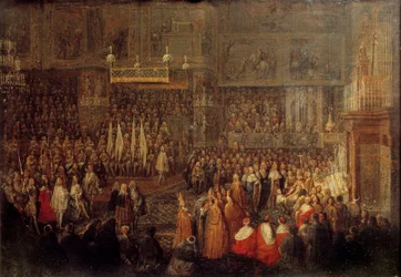 Korunovace Ludvíka XV. (1710-1774) v remešské katedrále dne 25/10/1722, 1735. Rozměry: 0,32 x 0,42 m