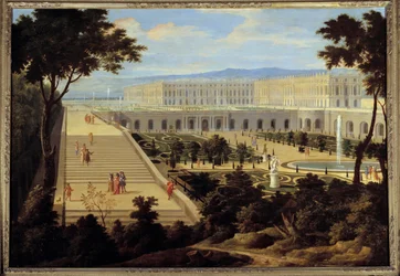 Pohled na Oranžerii, schodiště Cent-Marches a zámek ve Versailles kolem roku 1695. Obraz připisovaný Jeanu-Baptistu Martinovi staršímu (1659 - 1735). 1695. Slunce. 1,15 x 1,65 m