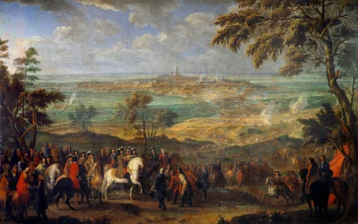Válka Ligy Augsburgu (1689-1697): „“ Dobytí města Mons Ludvíkem XIV. (1638-1715) dne 9. 4. 1691““ Obraz Jean Baptiste Martin starší (1659-1735) Ne. 2,6x3,2m