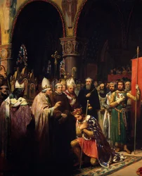 Král Ludvík VII. (1120-1180) přebírá oriflame v bazilice Saint Denis (Saint Denis) za přítomnosti královny Alienor Akvitánské a přijímá čmeláka a pannetiere z pelerinu z rukou papeže Evžena III. (? -1153) před jeho odjezdem