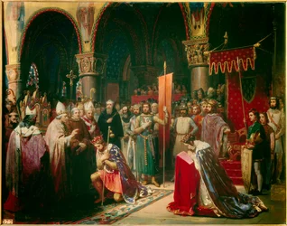 Král Ludvík VII. (1120-1180) přebírá oriflame v bazilice Saint Denis (Saint Denis) za přítomnosti královny Alienor Akvitánské a přijímá čmeláka a pannetiere z pelerinu z rukou papeže Evžena III. (? -1153) před jeho odjezdem
