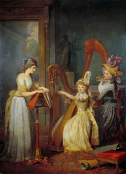 Stephanie Felicite Ducrest de Saint-Aubin, hraběnka z Genlis (zvaná Madame de Genlis) (1746-1830) přednáší na harfě dětem vévody z Orleansu na zámku Saint Leu Obraz Jean Baptiste Mauzaisse (1784-1844) Slunce 19. století. 2,4