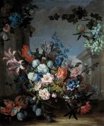 Květiny a ovoce Malba od Jeana Baptista (Jean-Baptiste) Monnoyera (1634-1699) Orleans musee des Beaux Arts ze 17. století