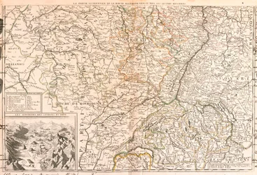 Mapa oblasti kolem Rýna (Německo, Švýcarsko, Francie)