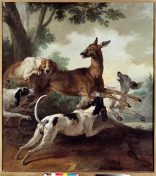 Jelen pronásledovaný psy. Lovecká scéna. Obraz Jean-Baptista Oudryho (1686-1755)