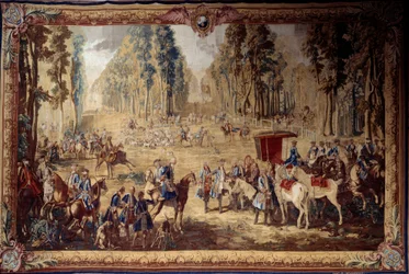 Závěs znázorňující hony Ludvíka XVI.: setkání na křižovatce u Královy studny v lese Compiegne. Gobelín Jean Baptiste Oudry (1686-1755) 1737 Ne. 4,3x6,55 m Compiegne, musee national du chateau