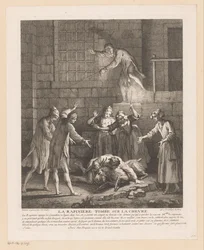 Muž valt bovenop een geit La Rapinière padá na kozu (titul na předmětu) Scény od Romana Comique van Scarrona (název série)