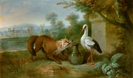 Liška a čáp. Ilustrace k bajce Jeana de La Fontaina. Obraz Jean-Baptista Oudryho (1686-1755), 1751. Metz, Muzeum výtvarných umění