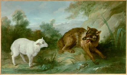 Vlk a jehně. Ilustrace bajky Jean de La Fontaine (1621-1695). Obraz Jean Baptiste Oudry (1686-1755)