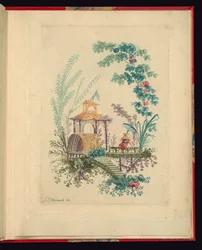 Ornamental Design z "Nové sady čínských zápisníků pro použití designérů a malířů" č. 3, vynalezl a nakreslil Jean Pillement. Graves od Anne Allen.