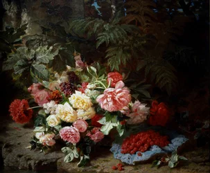 Zátiší s růžemi a malinami. Obraz Jeana Baptista Robieho (1821-1910) Soukromá sbírka.
