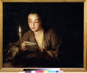 Dívka se svíčkou. Obraz Jean Baptiste Santerrea (1658-1717). 64 x 79 cm, kolem 1700. Francouzské umění 18. století. Puškinovo muzeum výtvarných umění, Moskva.