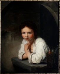 Portrét dívky v okně, obraz Jean-Baptista Santerrea (1651-1717), 18. století, Musée des Beaux-Arts, Orléans