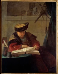 Čtením se zabývá chemik ve své laboratoři nebo filozof. Portrét malíře Jacquese Andre Josepha Avea, známého jako Camelot nebo Avet le Batave (1702-1766). Obraz Jean Baptiste Simeon Chardin (1699-1779) 1734 Ne. 1,38x1,05 m