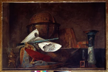Alegorie vědy. Zátiší s glóbem, zeměpisnými mapami, knihami a vázou. Obraz Jean-Baptista Siméona Chardina (1699-1779), 18. století. Paříž, Musée Jacquemart-André