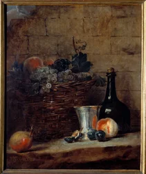 Košík bílých a černých hroznů, stříbrný pohár a láhev Malba Jean Baptiste Simeon Chardin (1699-1779) 18. století Sun. 0,69x0,58 m