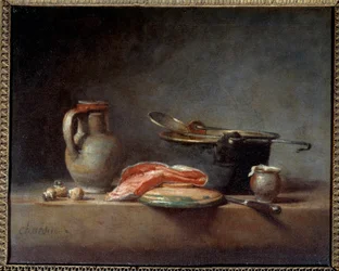 Měděný hrnec, skimmer, džbán a plátek lososa. Stálý život. Jean Baptiste Simeon Chardin (1699 - 1779)