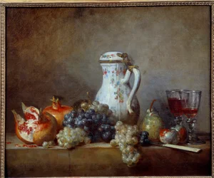 Obraz hrozny a granáty od Jean Baptiste Simeon Chardin (1699-1779) 1763 Ne. 0,47x0,57 m - Hrozny a granátová jablka. Obraz Jean Baptiste Simeon Chardin (1699-1779)
