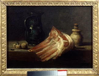 Kuchyňský stůl a nádobí s ovčím čtvercem. Obraz Jean Baptiste Simeon Chardin