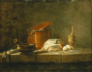 Pórek, kastrol, měděný hrnec s poklicí, plátek ryby, cibule a dvě vejce, s paličkou a hmoždířem, na římse, 1734