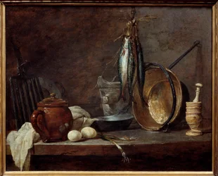 Nabídka libového a kuchyňského náčiní. Stálý život. Obraz Jean Baptiste Simeon Chardin (1699-1779)