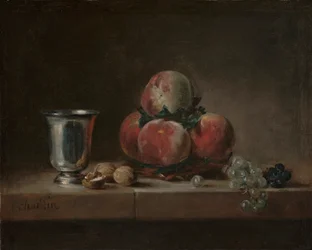 Zátiší s broskvemi, stříbrným pohárem, hrozny a vlašskými ořechy, kolem 1759-60 (olej na plátně)