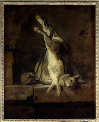 Mrtvý králík a lovecké potřeby Malba Jean Baptiste Simeon Chardin (1699-1779) Slunce 18. století. 0,81x0,65 m Paříž, Musee du Louvre.