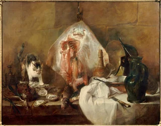 Zátiší s rejnokem, rybami, ústřicemi a džbánem. Obraz Jeana-Baptista Siméona Chardina (1699-1779), 1727. 1,14 x 1,46 m. Paříž, muzeum Louvre