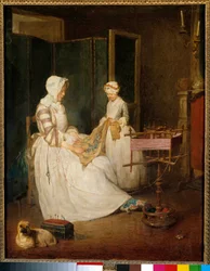 Pracující matka Matka pomáhala tím, že její dcera vyšívala a používala čeder. Obraz Jean Baptiste Simeon Chardin (1699-1779) 18. století Sun. 0,4x0,39 m