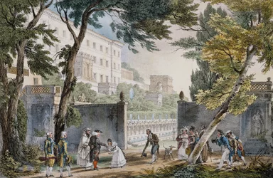 Vila: scéna setkání šlechty - rytina Jana Křtitele (Jean-Baptiste) Thomase (1791-1833), cca 1820