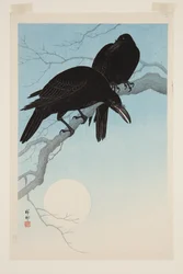 Crows in Moonlight (barevný dřevořez)