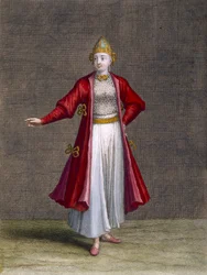 Bulharská dívka, tabule 83 ze „Sbírky sta tisků představujících různé národy Levanty“ od Charlese de Ferriola, vyryl Jean-Baptiste Haussard (činný 1679-1749), 1707-08