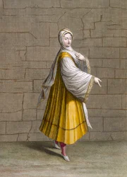 Dívka z Fine, tabule 72 ze „Sbírky sta tisků představujících různé národy Levanty“ od Charlese de Ferriola, vyryl J. de Franssieres, 1707-08