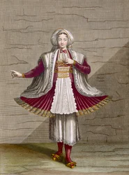 Dívka z Naxu, tabule 71 ze „Sbírky sta tisků představujících různé národy Levanty“ od Charlese de Ferriola, vyryl Gérard Scotin (1671-1716), 1707-08