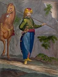 Spahi, tabule 34 ze „Sbírky sta tisků představujících různé národy Levanty“ od Charlese de Ferriola, vyryl Gerard Scotin (1671-1716), 1707-08