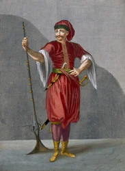 Albánský voják, tabule 78 ze „Sbírky sta tisků představujících různé národy Levanty“ od Charlese de Ferriola, vyryl Gérard Scotin (1671-1716), 1707-08