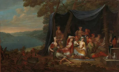 Fête champêtre s tureckými dvořany pod stanem, kolem 1720-37