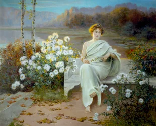 Starověký Řím: "Reverie" Mladá žena sedí na lavičce v rozkvetlé zahradě a je ponořena do myšlenek. Obraz Jeana Beauduina (1851-1916) 1901 Soukromá sbírka