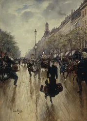 Čtyři hodiny odpoledne na Carrefour Drouot a Grand Boulevard, kolem 1895