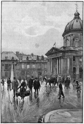 Pařížská scéna v 19. století: levý břeh s Institut de France. Rytina Floriana z Beraudova obrazu. Konec 19. století. V „“ Hlavní města světa: Paříž“““.